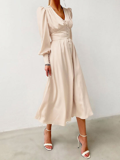 xakxx A-Line High Waisted Buttoned Pleated Solid Color V-Neck Midi Dresses