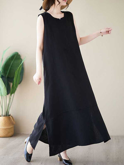 xakxx A-Line Loose Solid Color Round-Neck Midi Dresses