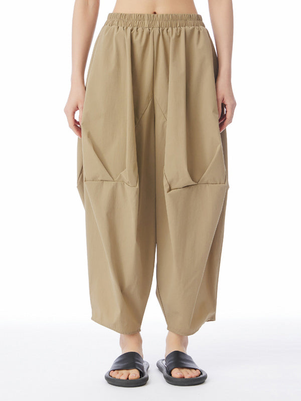 xakxx Harem Pants Loose Elasticity Pleated Solid Color Split-Joint Cropped Trousers Pants