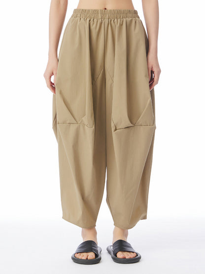 xakxx Harem Pants Loose Elasticity Pleated Solid Color Split-Joint Cropped Trousers Pants