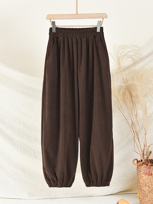 xakxx Loose Solid Color Corduroy Casual Ninth Pants Bottoms