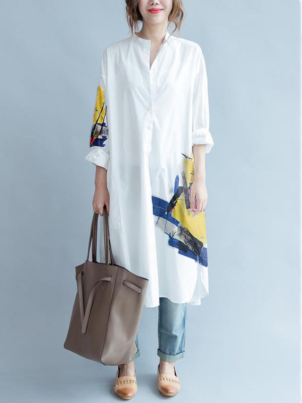 xakxx White Asymmetric Printed Split-Side Long Sleeves Shirt Dress