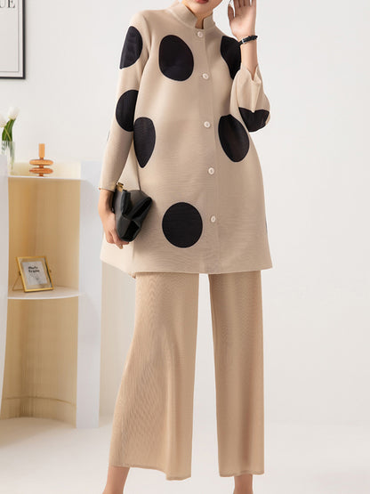 xakxx Long Sleeves Loose Pleated Polka Dot Stand Collar Two Pieces Set