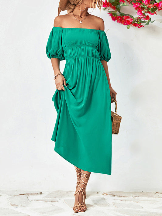 xakxx Loose Short Sleeves Solid Color Off-The-Shoulder Midi Dresses