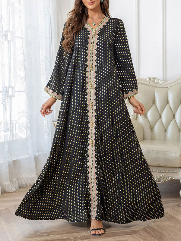 xakxx Batwing Sleeves Long Sleeves Muslim Polka-Dot V-Neck Maxi Dresses