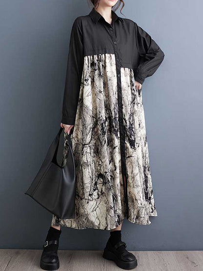 xakxx A-Line Long Sleeves Asymmetric Buttoned Printed Split-Joint Lapel Midi Dresses Shirt Dress