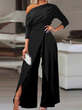 xakxx Solid Color One-Shoulder Long Sleeves T-Shirt + High-Waisted Wide Leg Pants Trousers Two Pieces Set