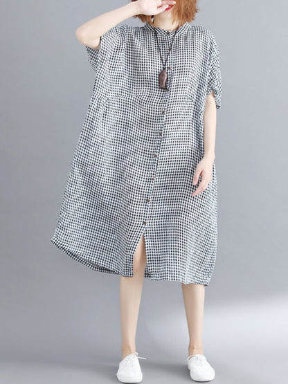 xakxx Artistic Retro Loose Split-Joint Plaid Buttoned Stand Collar Half Sleeves Midi Dress