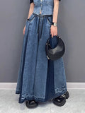 xakxx Loose Wide Leg Contrast Color Drawstring Fringed Pockets Jean Pants Bottoms