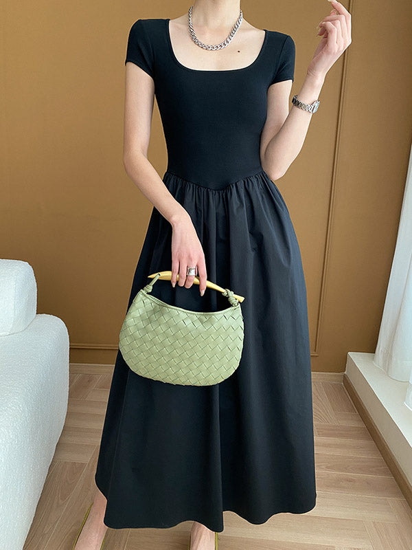 xakxx A-Line High Waisted Pleated Solid Color Square-Neck Midi Dresses