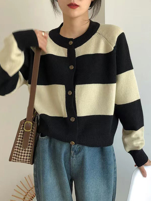 xakxx Casual Buttoned Contrast Color Striped Cardigan Tops