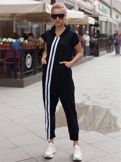 xakxx Fashion Stripes Zipper Hooded Jumpsuits