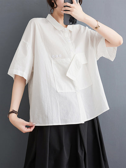 xakxx Loose Short Sleeves Solid Color Split-Joint Blouses