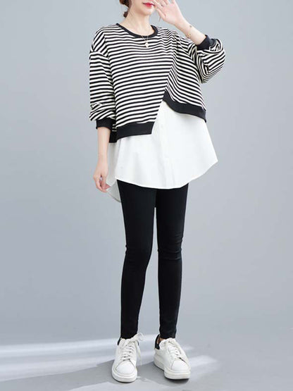 xakxx Original Long Sleeves False Two Striped Round-Neck Hoodies&Sweatshirt Tops