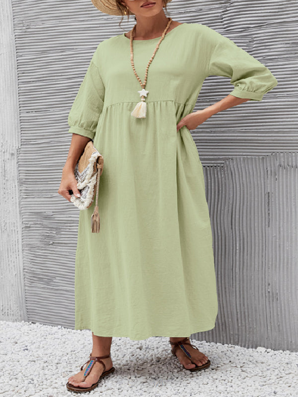 xakxx 11 Colors Simple Round-Neck Solid Color Midi Dress