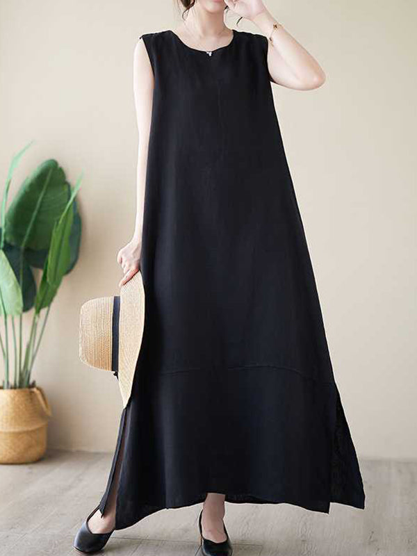 xakxx A-Line Loose Solid Color Round-Neck Midi Dresses