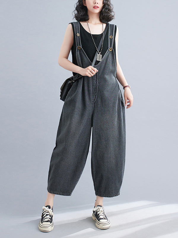 xakxx Cropped Loose Denim Buttoned Overalls