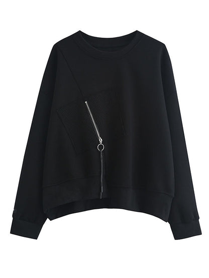 xakxx Casual Loose Long Sleeves Asymmetric Solid Color Zipper Round-Neck Sweatshirt Tops