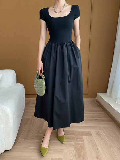 xakxx A-Line High Waisted Pleated Solid Color Square-Neck Midi Dresses