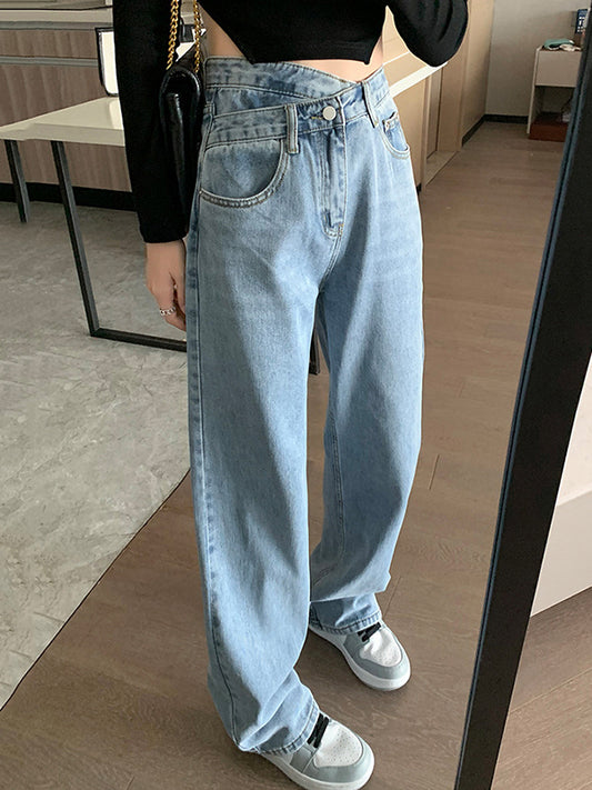 xakxx Casual High Waisted Denim Wide Leg Jean Pants