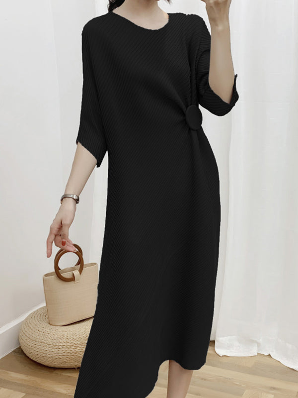 xakxx Half Sleeves Irregular Clipping Pleated Solid Color Round-Neck Midi Dresses