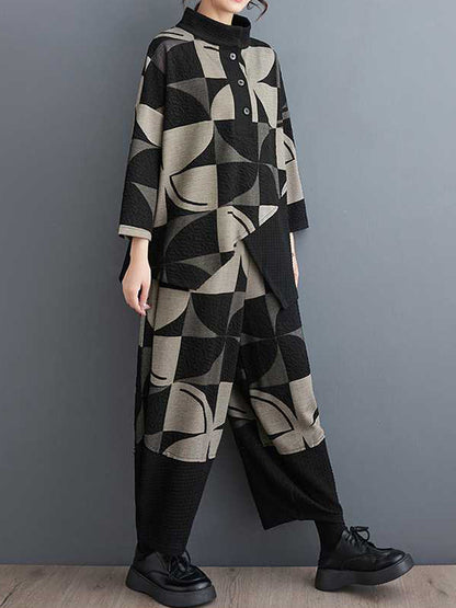 xakxx Long Sleeves Asymmetric Buttoned Printed Stand Collar Sweatshirt Top + Harem Pants Pants Bottom Two Pieces Set