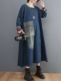 xakxx Artistic Retro Loose Denim Applique Round-Neck Long Sleeves Midi Dress