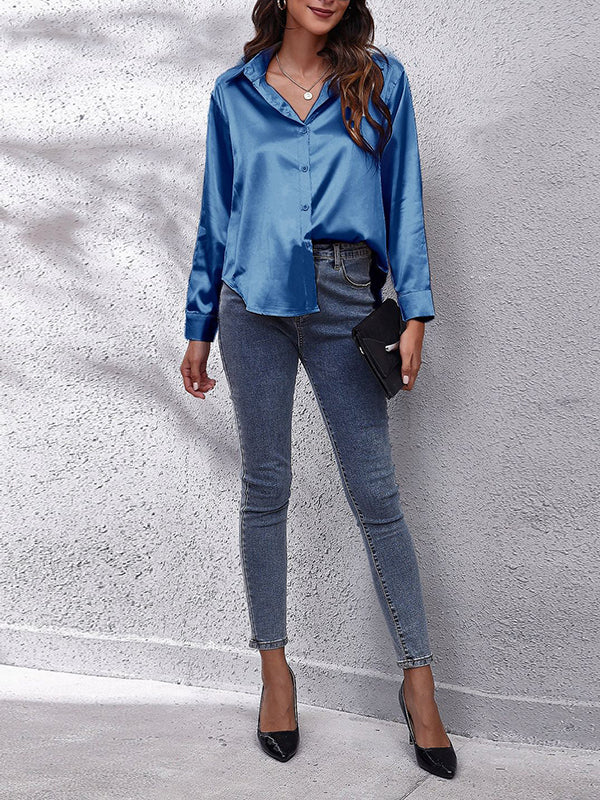 xakxx Long Sleeves Loose Solid Color Lapel Blouses&Shirts Tops