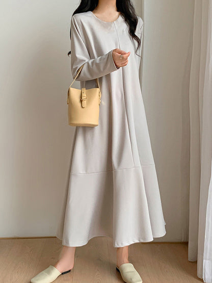 xakxx A-Line Long Sleeves Hollow Solid Color V-Neck Midi Dresses