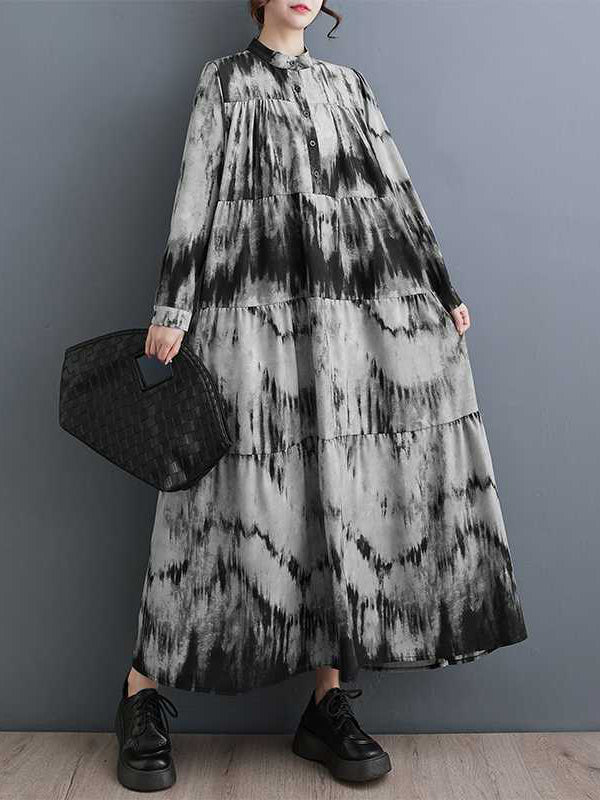 xakxx A-Line Long Sleeves Pleated Printed Split-Joint Stand Collar Midi Dresses