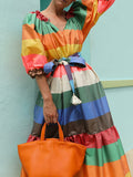 xakxx Puff Sleeves Belted Multi-Colored Split-Joint Striped V-Neck Maxi Dresses