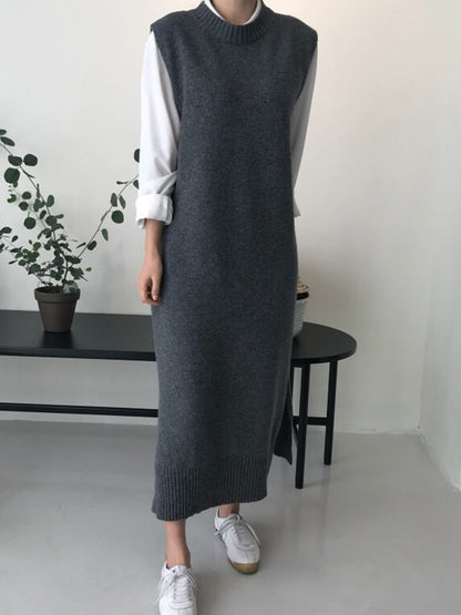 xakxx Urban Loose Sleeveless Solid Color Round-Neck Midi Dresses Sweater Dresses