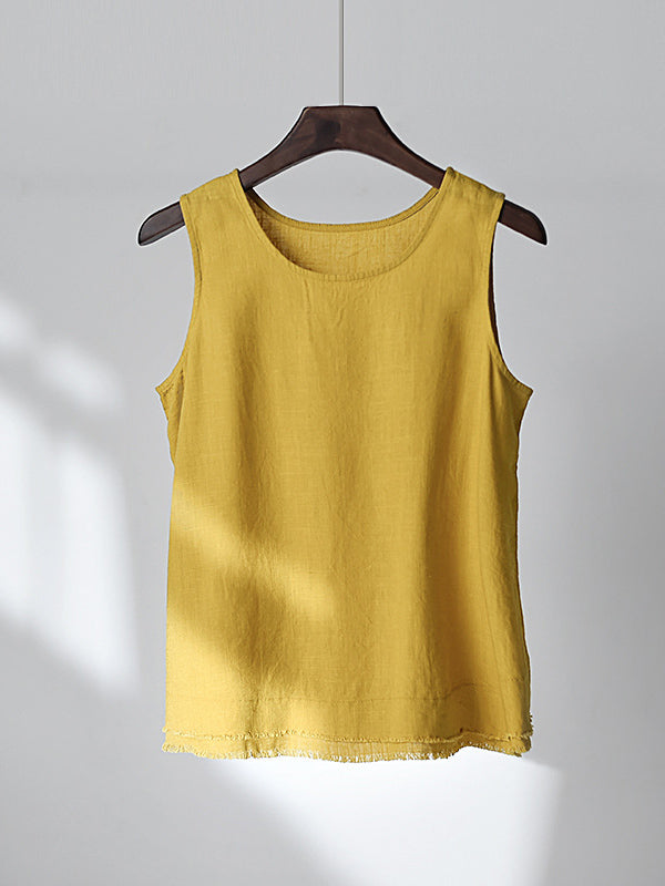 xakxx Loose Sleeveless Fringed Solid Color Round-Neck Vest Top