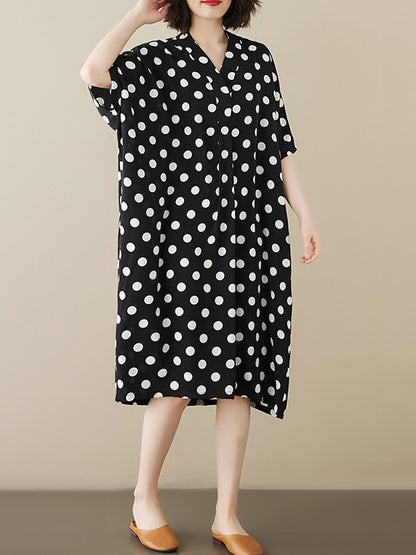 xakxx Loose Short Sleeves Polka-Dot V-Neck Midi Dresses