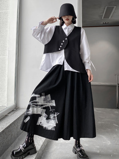 xakxx Original Loose Lace-Up Hollow Sleeve Blouse+Black Vest+Wide Leg Pants Culotte Three Pieces Set