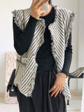 xakxx Loose Sleeveless Buttoned Fringed Pockets Striped V-Neck Vest Outerwear