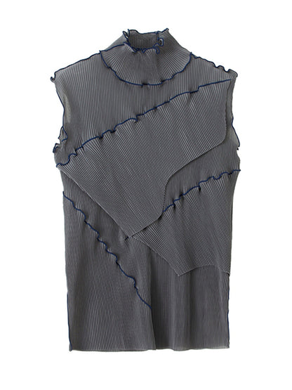 xakxx Skinny Sleeveless Asymmetric Color-Block Pleated Split-Joint High-Neck Vest Top