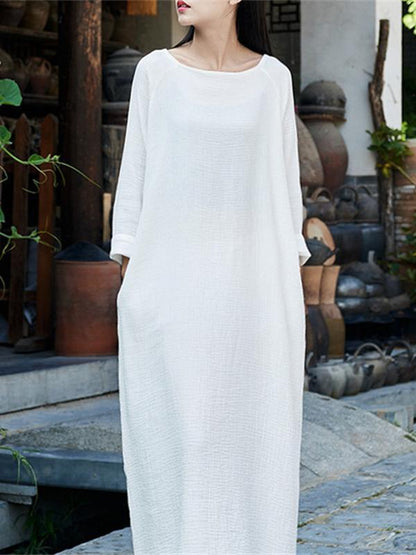 xakxx Soft White Long Sleeves Ramie Cotton Long Dress