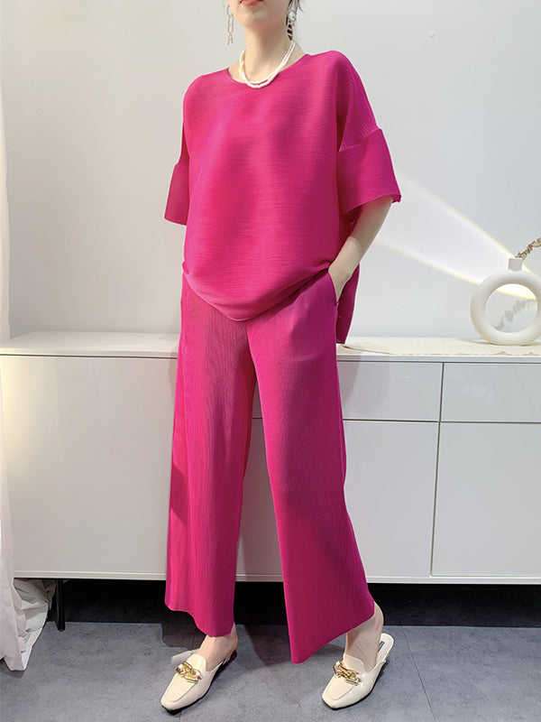 xakxx Elastics Pleated Solid Color Round-Neck T-Shirt + Wide Leg Pants Two Pieces Set