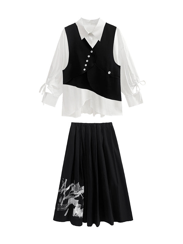 xakxx Original Loose Lace-Up Hollow Sleeve Blouse+Black Vest+Wide Leg Pants Culotte Three Pieces Set