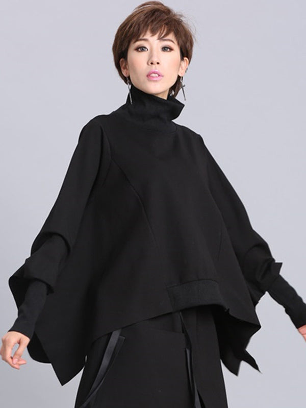 xakxx Solid Color Asymmetric High-Neck Loose Batwing Sleeve Sweatshirt