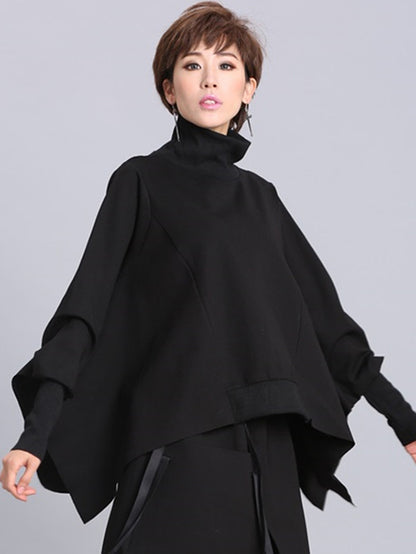 xakxx Solid Color Asymmetric High-Neck Loose Batwing Sleeve Sweatshirt