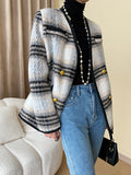 xakxx Long Sleeves Buttoned Contrast Color Plaid V-Neck Jackets Outerwear