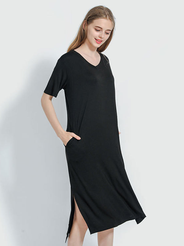 xakxx Simple Short Sleeves Loose Split-Side Solid Color V-Neck Pajamas Dress