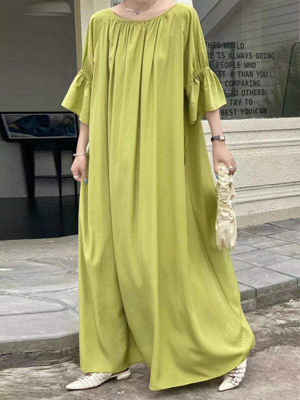 xakxx Half Sleeves Loose Solid Color Round-Neck Midi Dresses