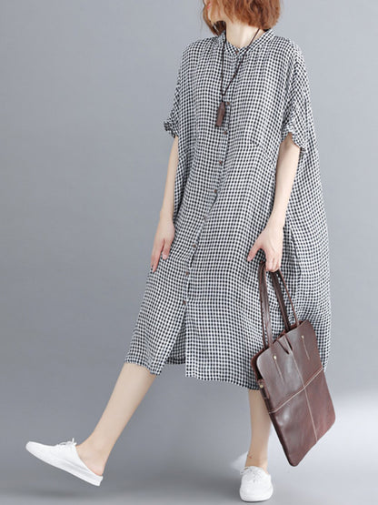 xakxx Artistic Retro Loose Split-Joint Plaid Buttoned Stand Collar Half Sleeves Midi Dress