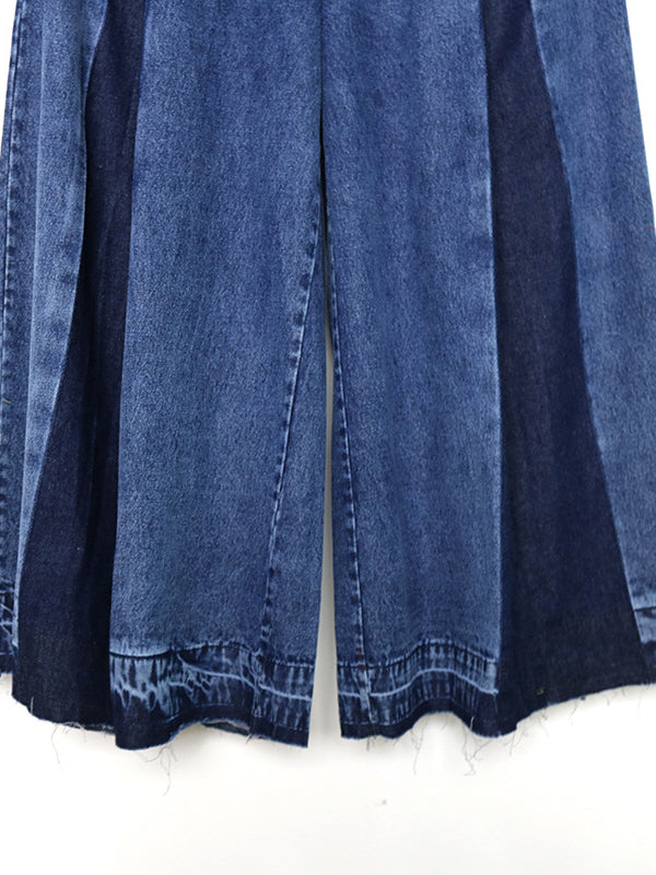 xakxx Loose Wide Leg Elasticity Fringed Pleated Jean Pants Bottoms