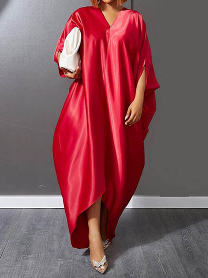 xakxx Batwing Sleeves High-Low Solid Color Deep V-Neck Maxi Dresses