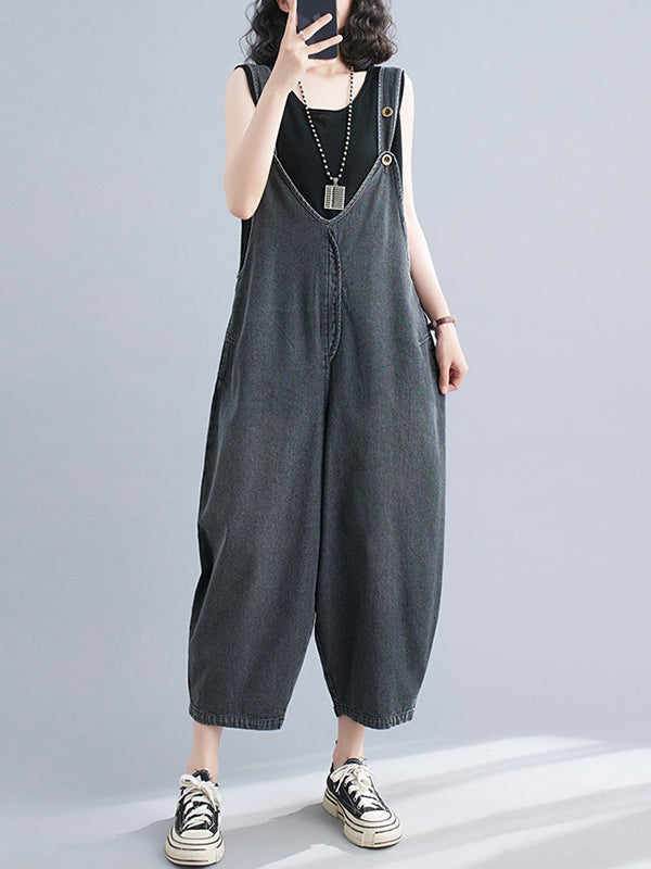 xakxx Cropped Loose Denim Buttoned Overalls