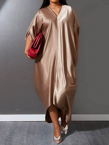 xakxx Batwing Sleeves High-Low Solid Color Deep V-Neck Maxi Dresses